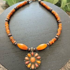 Orange Beaded Necklace with Floral Pendant